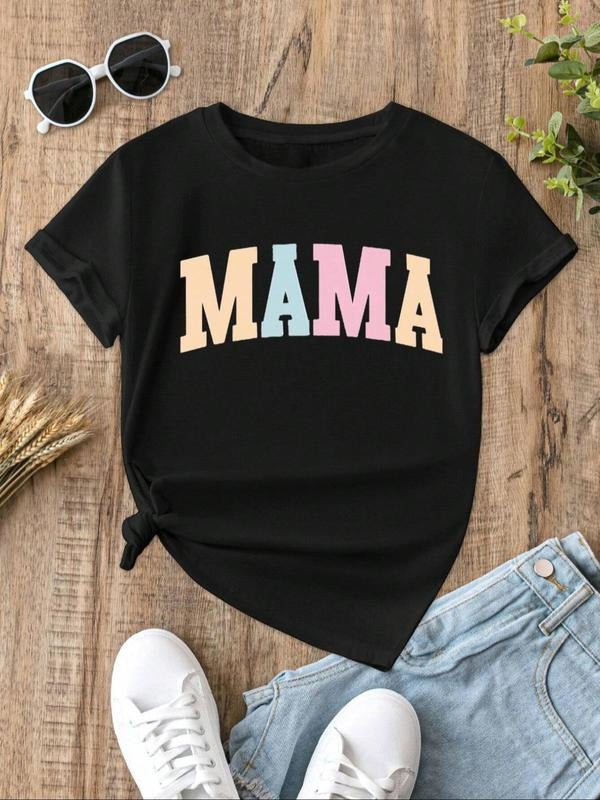 Women's "MAMA" Letter Print Round Neck Tee, Casual Short Sleeve Crew Neck T-Shirt for Summer, Fashion Women's Top for...