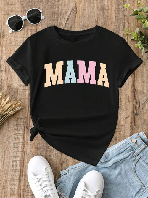 Women's "MAMA" Letter Print Round Neck Tee, Casual Short Sleeve Crew Neck T-Shirt for Summer, Fashion Women's Top for...