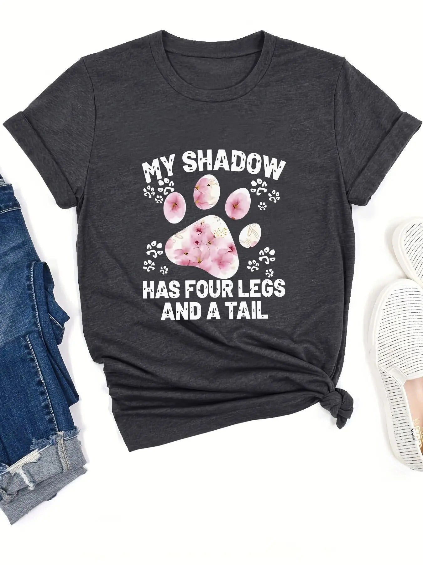 "MY SHADOW HAS FOUR LEGS TAIL" Letter & Paw Print Round Neck Casual Crew Neck Short Sleeve Daily Vacation Outdoor Summer Clothes T-Shirts, Hoodie, Sweatshirt