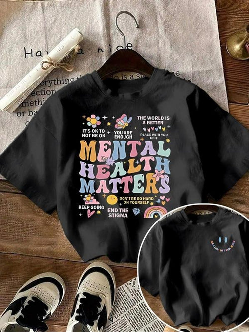 Women's "Mental Health Matters" Print Round Neck Graphic Tee, Vintage Trendy Casual Short Sleeve T-shirt for Daily Wear,...