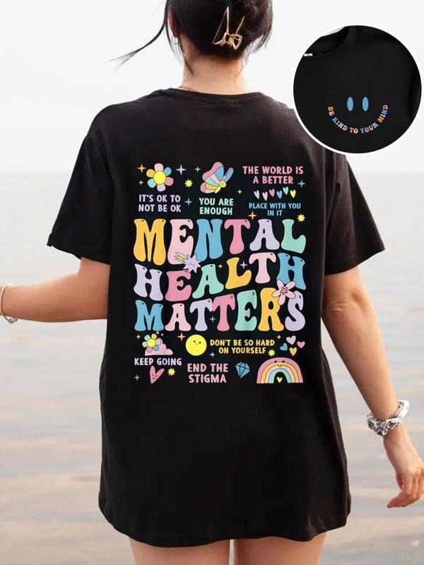 Women's "Mental Health Matters" Slogan Print Crewneck Tee, Streetwear Cartoon Smile Face & Letter Print Drop Shoulder...