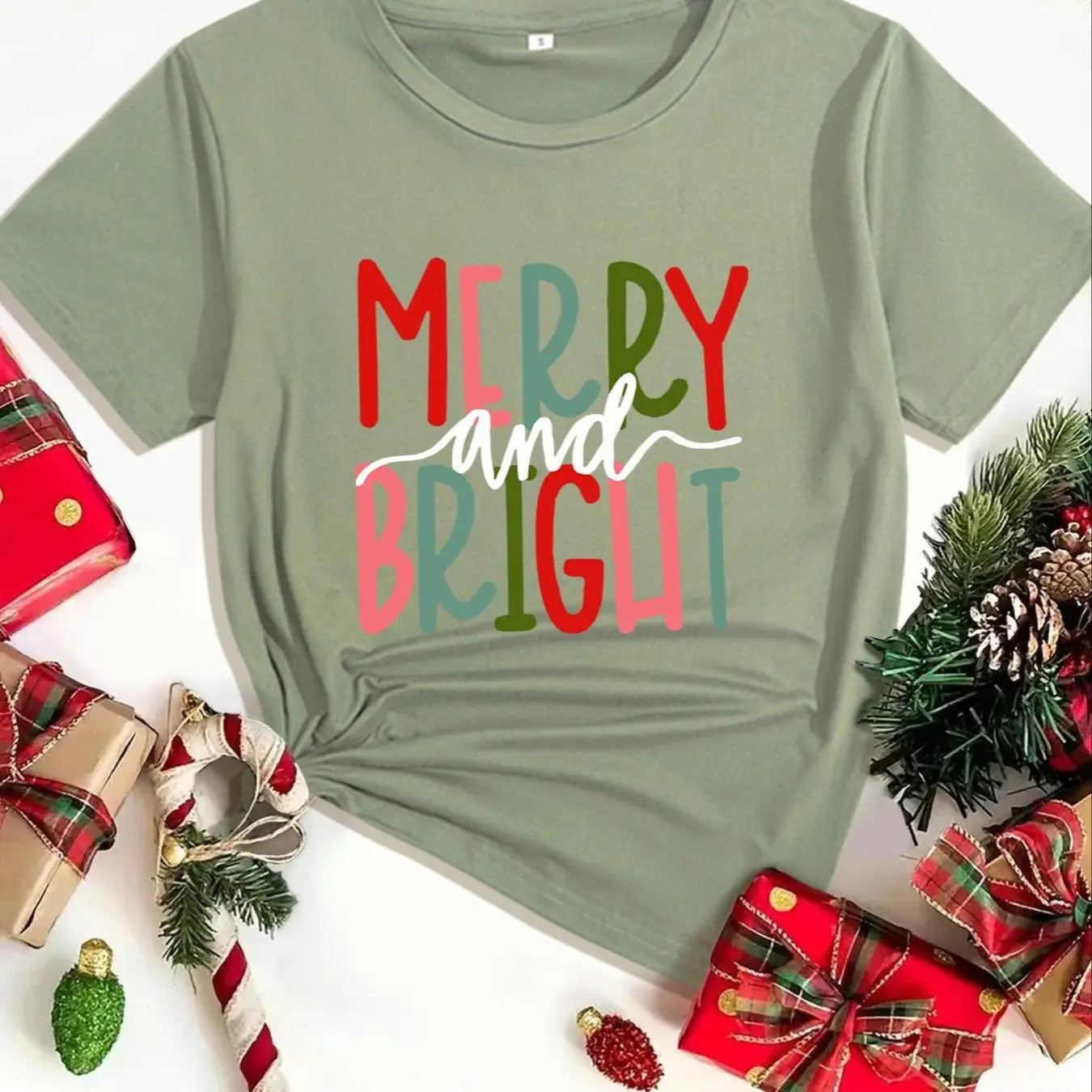Women's "Merry and Bright" Letter Print Round Neck Tee, Casual Short Sleeve Crew Neck T-shirt for All Seasons, Fashion...