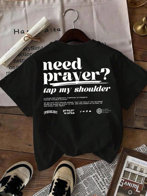 Women's "NEED PRAYER? TAP MY SHOULDER" Print Round Neck Tee, Vintage Trendy Casual Short Sleeve T-shirt for Daily Wear,...