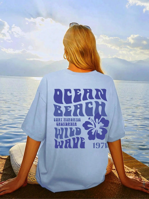 Women's "Ocean Beach, Wild Wave" Slogan Print Round Neck Tee, Graphic Tees, Vintage Trendy Casual Drop Shoulder Half...