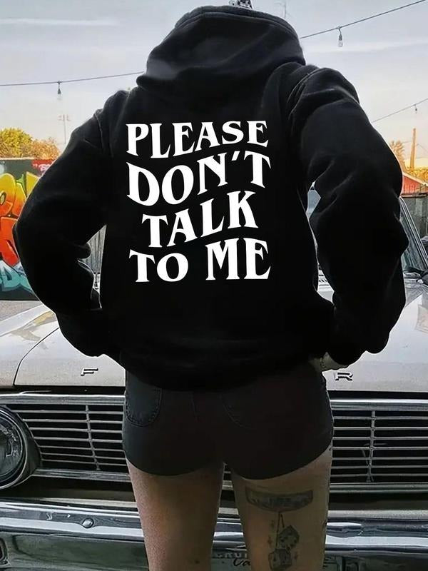 Women's "PLEASE DON'T TALK TO ME" Letter Print Drop Shoulder Drawstring Hoodie, Casual Kangaroo Pocket Hooded Sweatshirt...