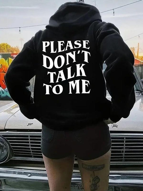 Women's "PLEASE DON'T TALK TO ME" Letter Print Drop Shoulder Drawstring Hoodie, Casual Kangaroo Pocket Hooded Sweatshirt...