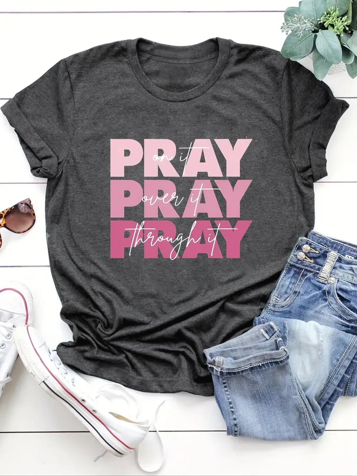 Women's "PRAY" Letter Print Round Neck Tee, Trendy Short Sleeve Crew Neck T-shirt, Ladies Summer Outfit for Daily Wear...