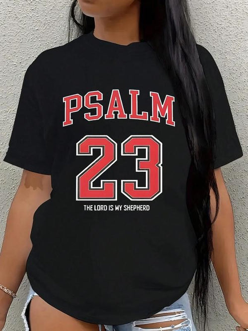 Women's "PSALM23" Number Print Round Neck Tee, Vintage Trendy Casual Short Sleeve T-shirt for Daily Wear, Ladies Summer,...