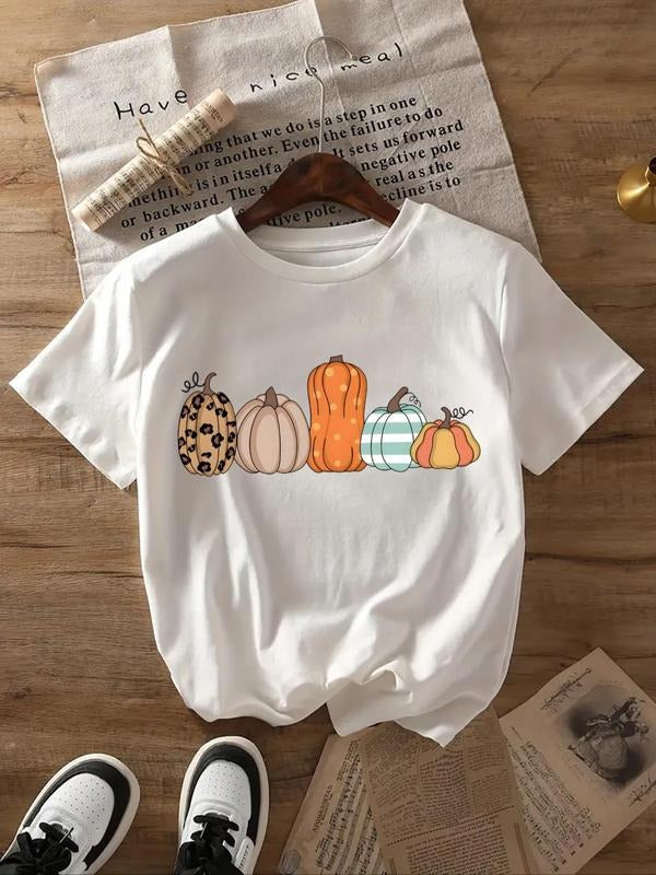 Women's  Pumpkin Print Round Neck Tee, Casual Short Sleeve Crew Neck T-shirt for Summer, Fashion Women's Top for Daily...