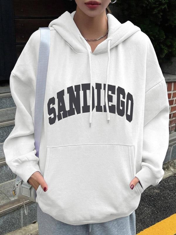 Women's "SANDIEGO" Letter Print Drop Shoulder Hoodie, Fashion Casual Drawstring Pocket Hooded Sweatshirt for Daily...