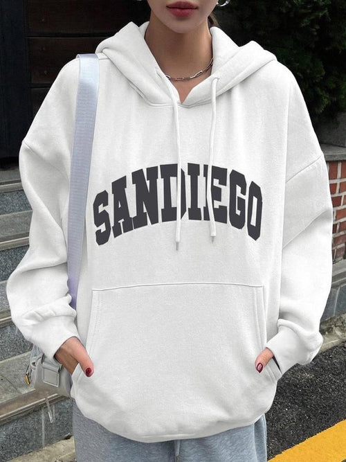 Women's "SANDIEGO" Letter Print Drop Shoulder Hoodie, Fashion Casual Drawstring Pocket Hooded Sweatshirt for Daily...