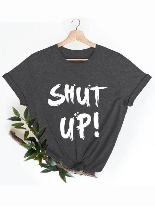 Women's "SHUT UP!" Letter Print Round Neck Tee, Casual Short Sleeve T-shirt for Daily Wear, Ladies All-match Tops Hoodie,...
