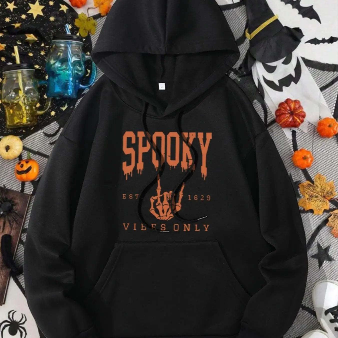 Women's "SPOOKY" Letter & Skeleton Hand Print Drop Shoulder Hoodie, Fashion Casual Drawstring Pocket Hooded Sweatshirt...