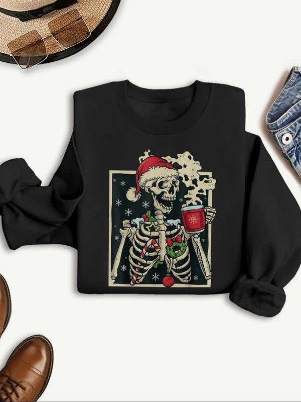 Women's  Skeleton Print Round Neck Sweatshirt, Casual Long Sleeve Crew Neck Pullover for Fall & Winter, Women's Clothes...