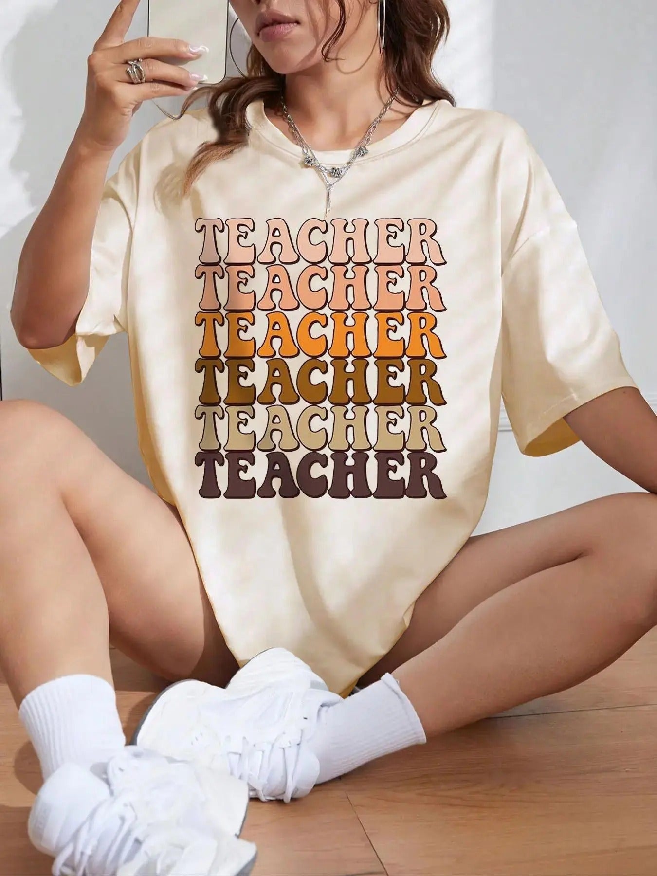 Women's "TEACHER" Letter Print Drop Shoulder Tee, Casual Half Sleeve Round Neck T-Shirt for Summer, Women's Top for Daily...