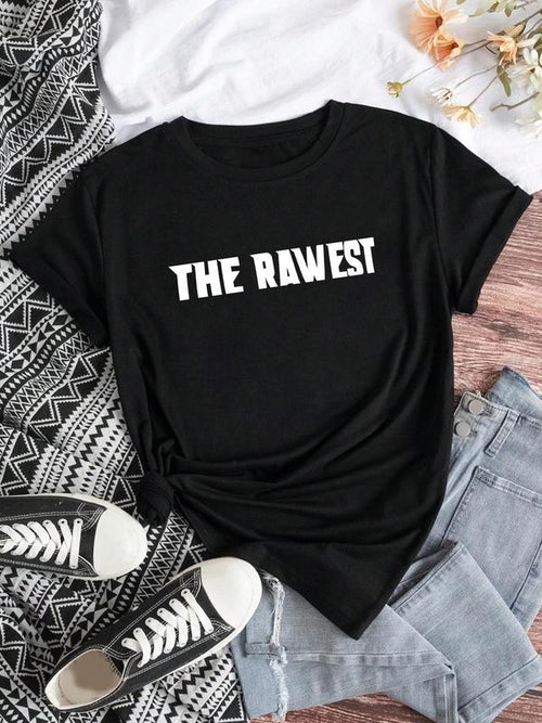 Women's "THE RAWEST" Letter Print Round Neck Graphic Tee, Vintage Trendy Casual Short Sleeve T-shirt for Daily Wear,...