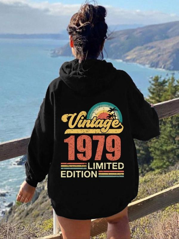 Women's "Vintage 1979" Letter & Graphic Print Drop Shoulder Hoodie, Fashion Casual Drawstring Pocket Hooded Sweatshirt...