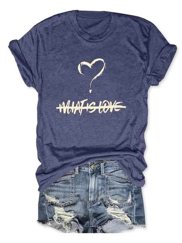 Women's "WHAT IS LOVE" Letter & Heart Print Round Neck Tee, Vintage Trendy Casual Short Sleeve T-shirt for Daily Wear,...