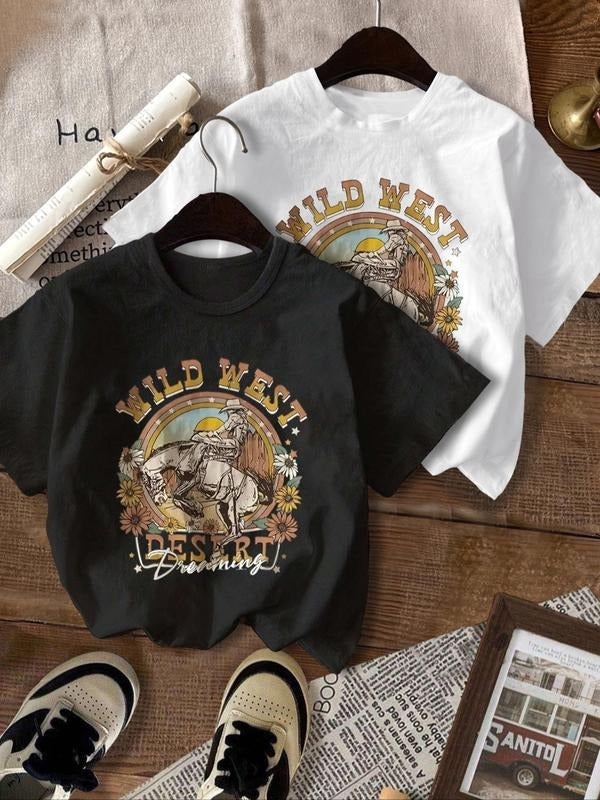 Women's "WILD WEST" Cowboy & Floral Print Round Neck Tee, Vintage Graphic Short Sleeve T-shirt For Daily Wear, Ladies...