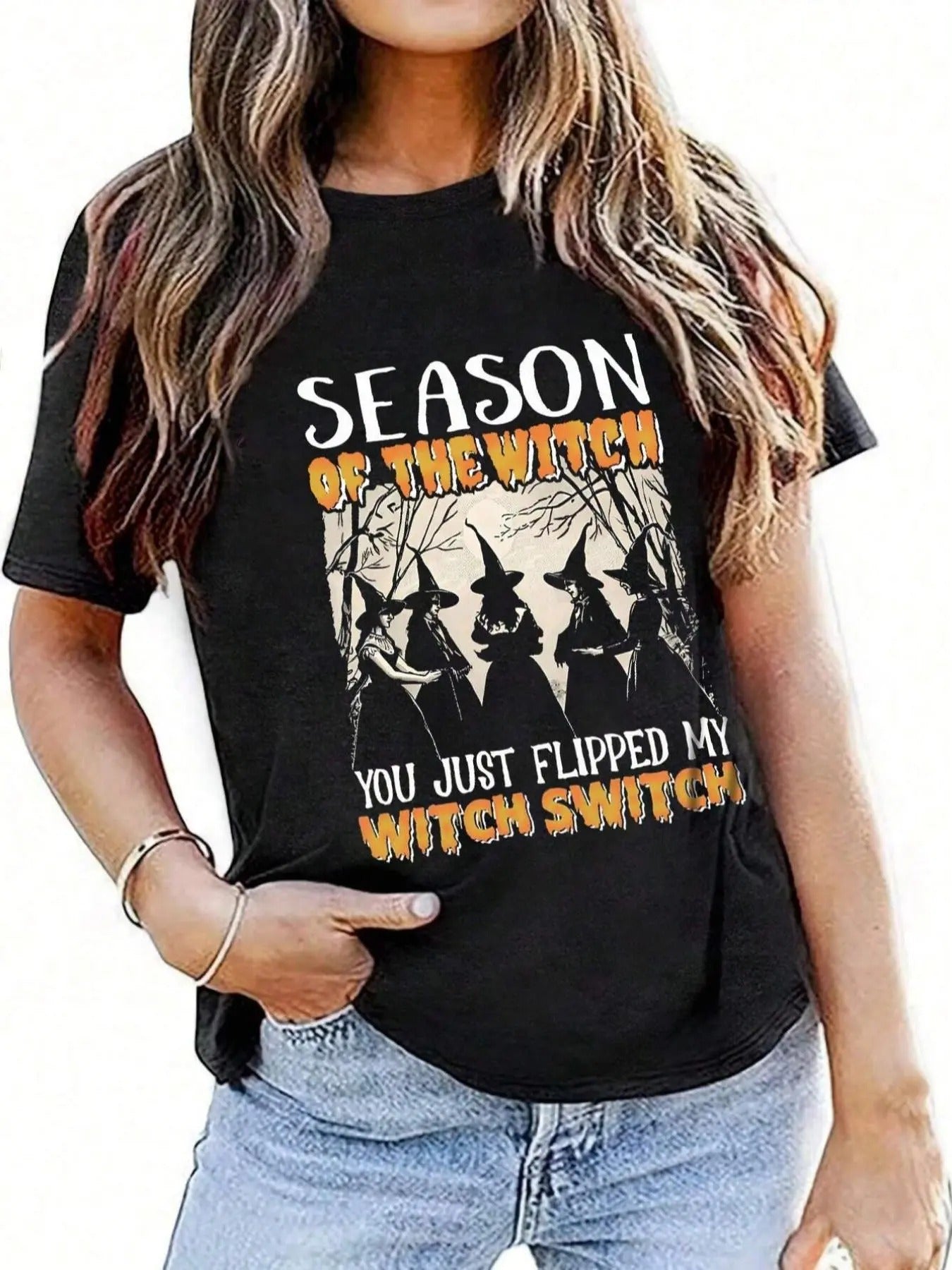 Women's  Witch & Letter Print Round Neck Tee, Casual Short Sleeve Crew Neck T-shirt for All Seasons, Women's Top for...