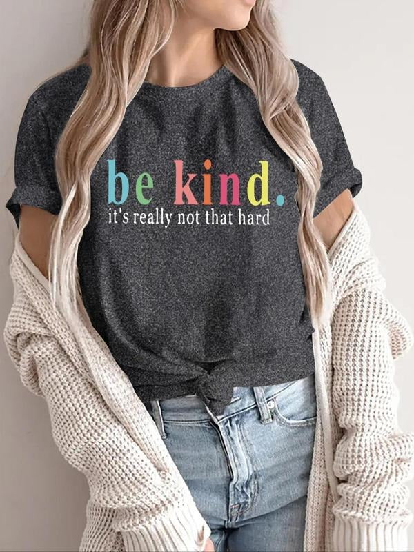 Women's "be kind" Letter Print Round Neck Tee, Casual Short Sleeve T-shirt for Daily Wear, Ladies Summer Outfit Hoodie,...