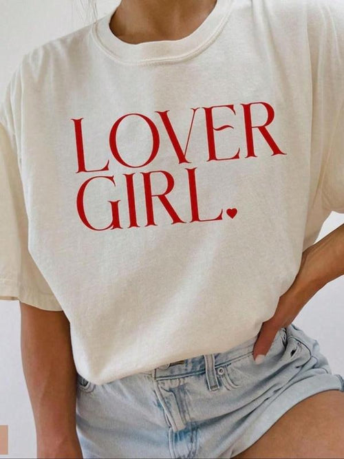 Women's "lover Girl" Letter Print Round Neck Graphic Tee, Vintage Trendy Casual Short Sleeve T-shirt for Daily Wear,...