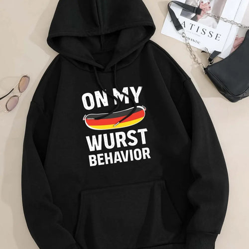 Women's "on MY Wurst Behavior" Letter Print Drop Shoulder Hoodie, Fashion Casual Drawstring Pocket Hooded Sweatshirt for...
