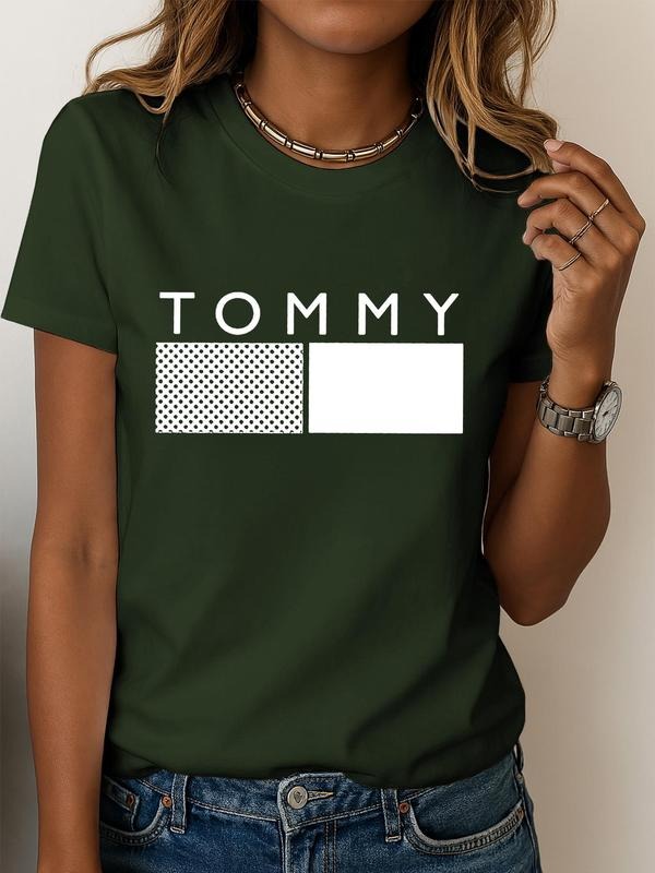 Women's "tommy" Letter Print Round Neck Tee, Casual Short Sleeve Crew Neck T-shirt for Daily Wear, Ladies Clothes for All...