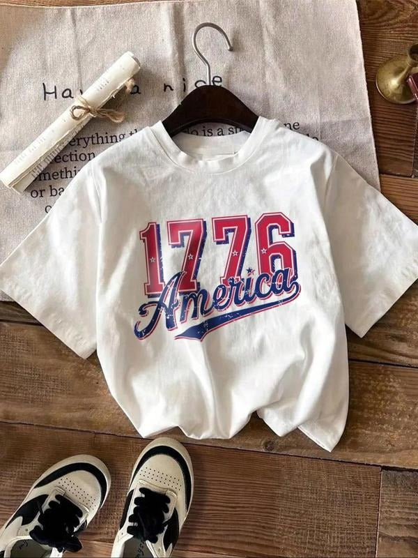 Women's 1776 Print Round Neck Tee, Casual Loose Short Sleeve T-shirt for Daily Wear, Ladies Clothes for All Seasons, Top...