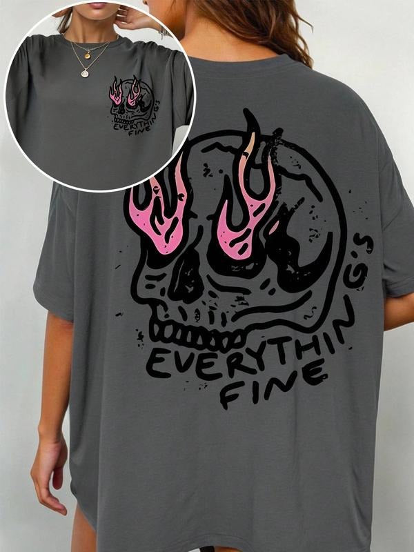 Women's A Skull With Fiery Eyes Print & Alphanumeric Print Loose-Fit Crew Neck T-shirt, A Casual Basic Short-Sleeved Top...