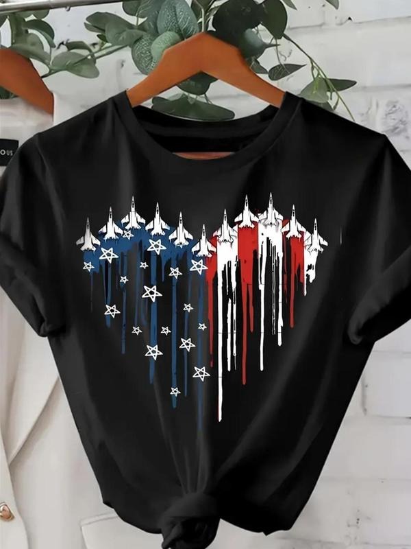 Women's Airplane & American Flag Print Round Neck Tee, Casual Short Sleeve T-shirt for Summer, Women's Top for Daily Wear...