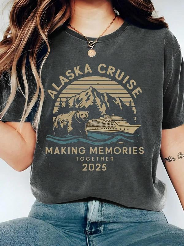 Women's Alaska Cruise Graphic Print Round Neck Tee, Vintage Trendy Casual Bear & Mountain & Ship Printed T-shirt for...