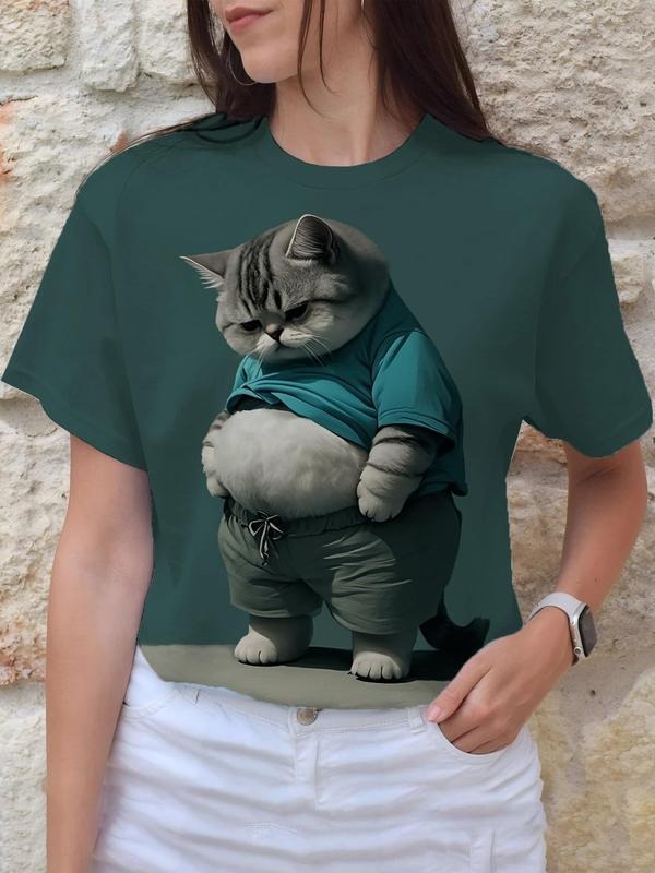 Women's All Over Cartoon Cat Print Round Neck Tee, Fashion Casual Crew Neck T-Shirt for Daily Holiday Vacation Outdoor...
