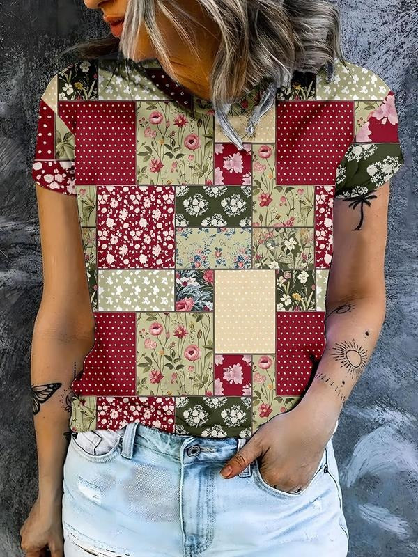 Women's All Over Ethnic Pattern Patchwork Print Round Neck Tee, Casual Short Sleeve Crew Neck T-shirt for Summer, Fashion...