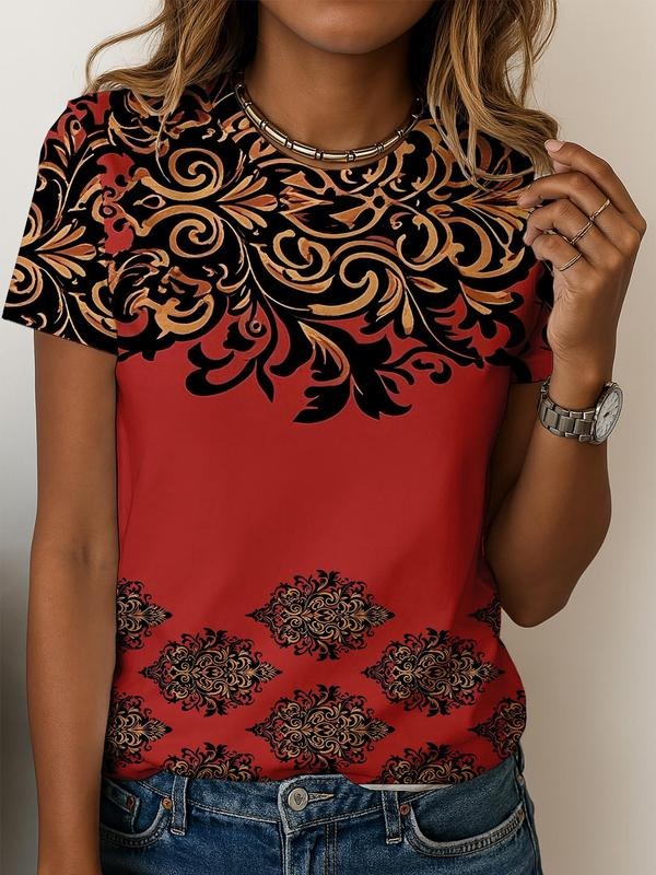 Women's All Over Ethnic Pattern Round Neck Tee, Casual Short Sleeve Crew Neck T-shirt for Summer, Fashion Women's Top for...