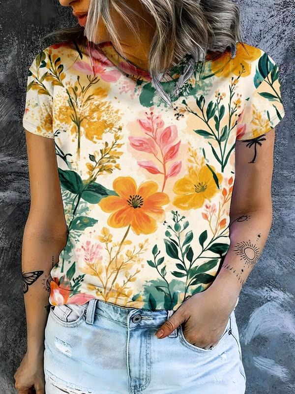 Women's All Over Floral & Plants Print Round Neck Tee, Casual Short Sleeve Crew Neck T-shirt for Summer, Fashion Women's...