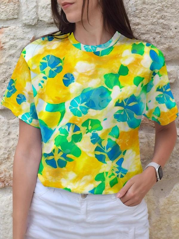 Women's All Over Leaf Print Round Neck Tee, Casual Short Sleeve Crew Neck T-Shirt for Summer, Fashion Women's Top for...