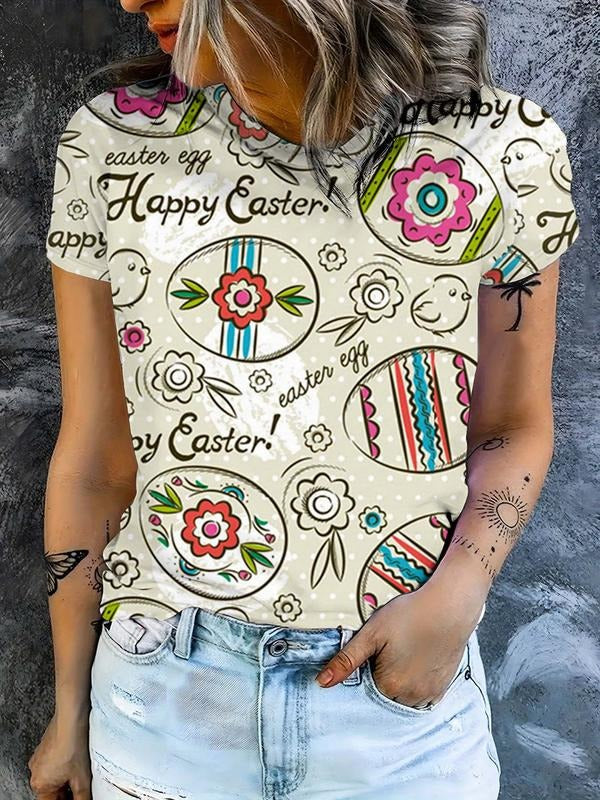 Women's All Over Print Round Neck Tee, Fashion Casual Crew Neck T-Shirt for Daily Holiday Vacation Outdoor Wear, Ladies...
