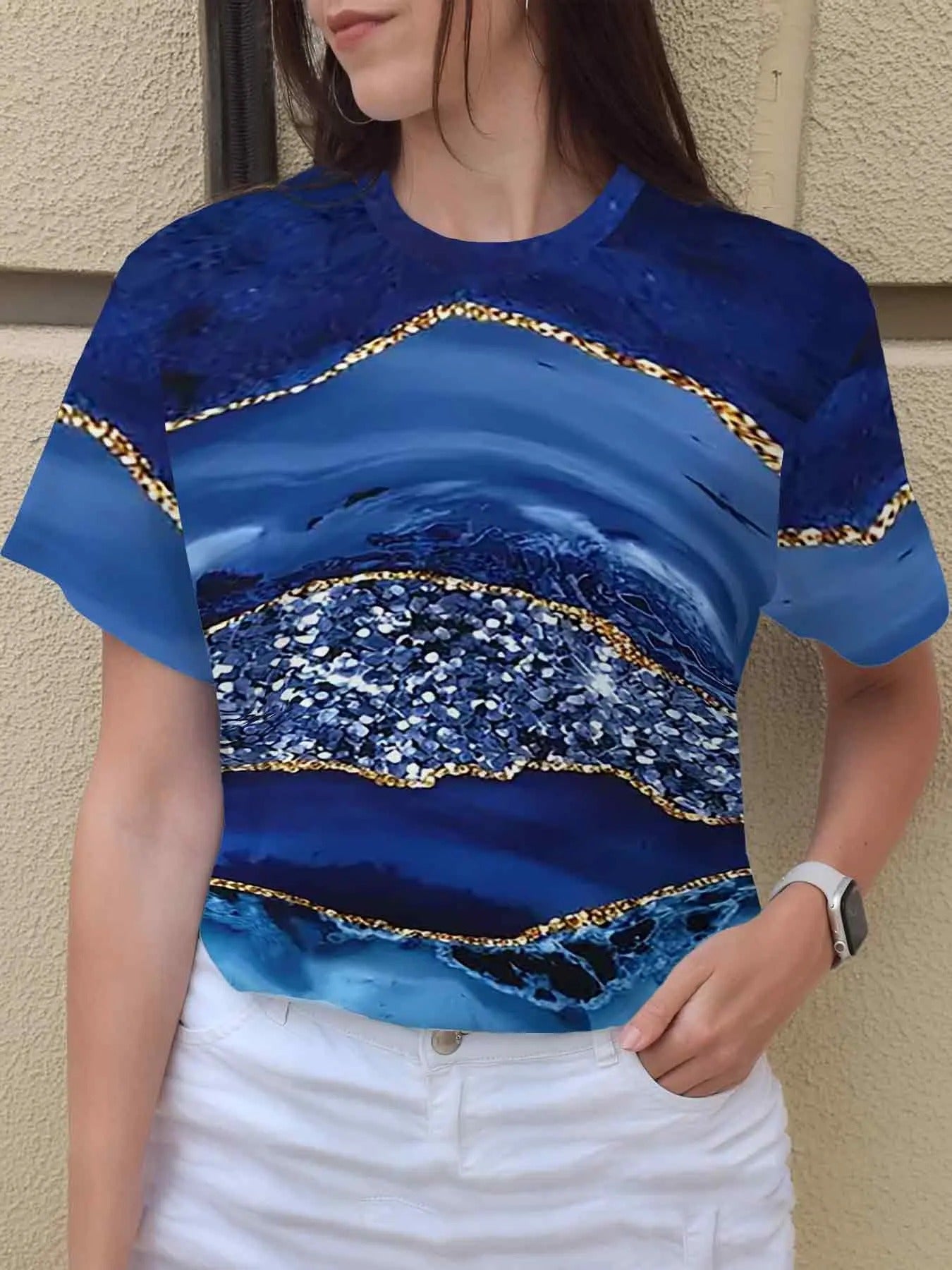 Women's All Over Wave & Galaxy Print Round Neck Tee, Casual Short Sleeve Crew Neck T-shirt for Daily Wear, Ladies Clothes...