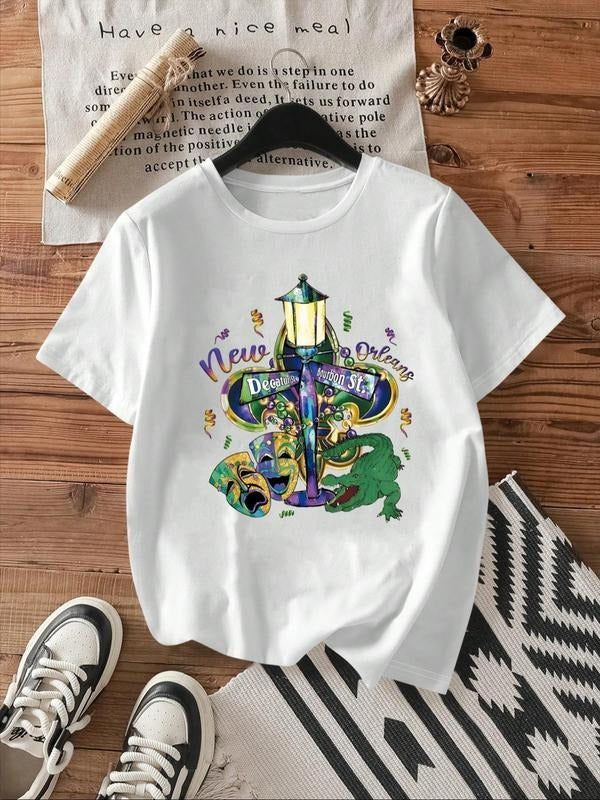 Women's Alligator & Letter Print Round Neck Graphic Tee, Vintage Trendy Casual Short Sleeve T-shirt for Daily Wear,...