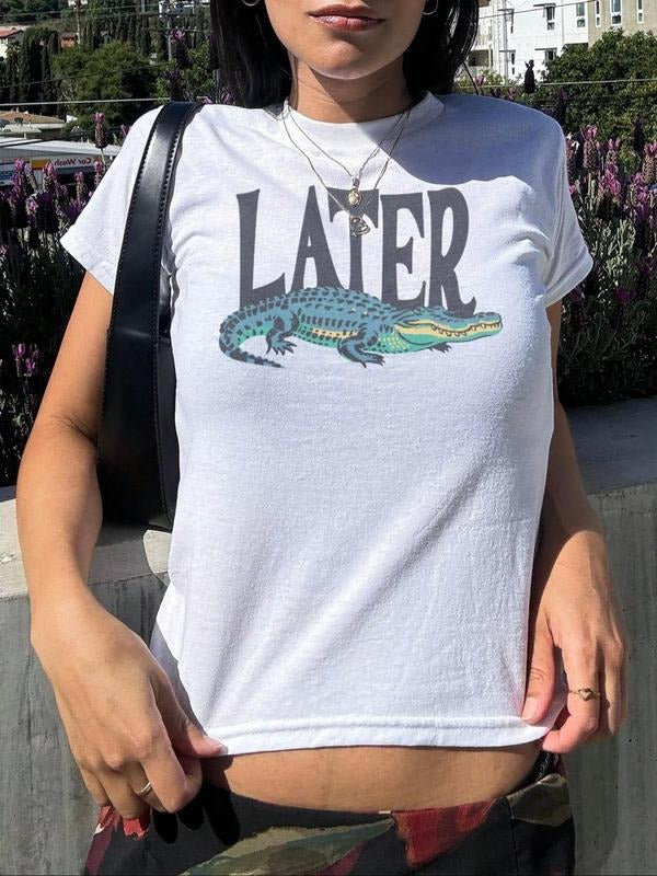Women's Alligator & Letter Print Round Neck Tee, Vintage Trendy Casual Short Sleeve T-shirt for Daily Wear, Ladies Summer...