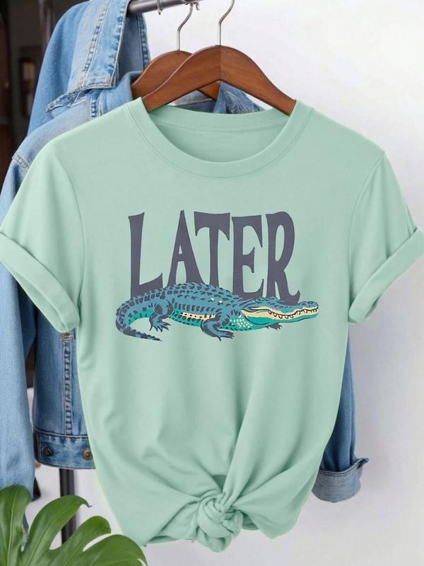 Women's Alligator Print Round Neck Tee, Vintage Trendy Casual Short Sleeve T-shirt for Daily Wear, Ladies Summer, Top...
