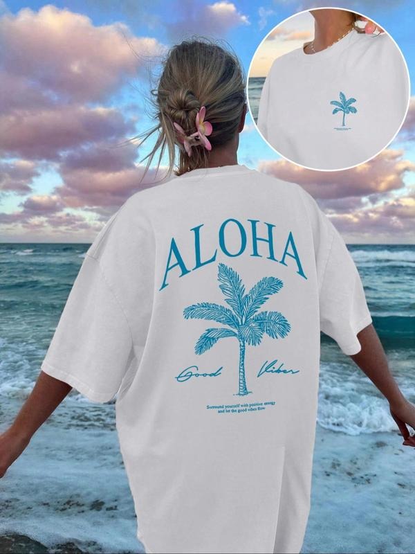 Women's Aloha Letter & Palm Tree Print Round Neck Tee, Casual Short Sleeve Crew Neck T-Shirt for Summer, Fashion Women's...