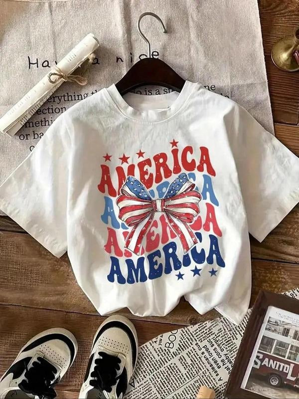 Women's America Flag & Bow Print Round Neck Tee, Casual Star & Striped Print Short Sleeve T-Shirt for Daily Wear, Ladies...