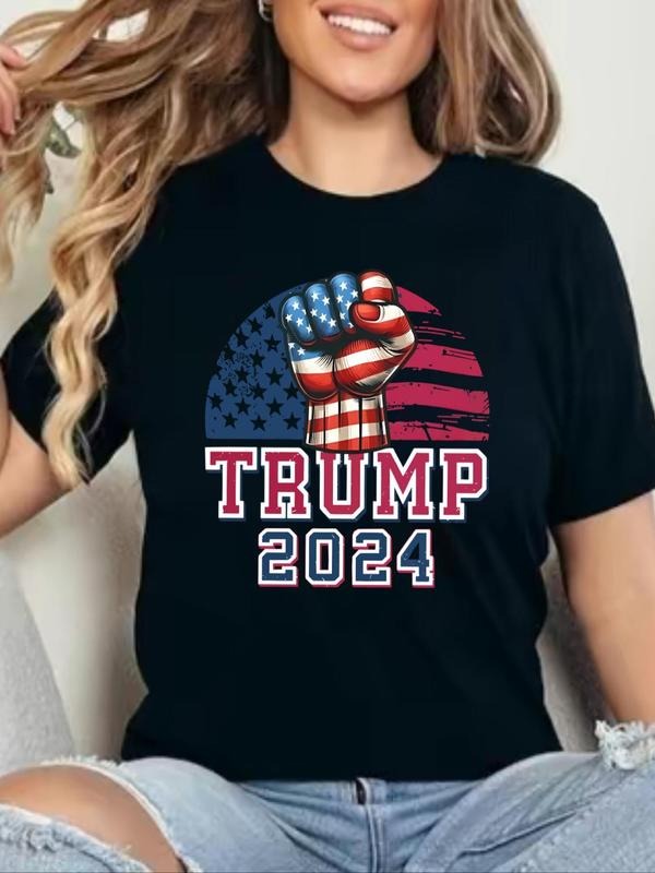 Women's America Flag Print Drop Shoulder Tee, Casual Long Sleeve Round Neck T-shirt for Fall & Winter, Women's Top for...