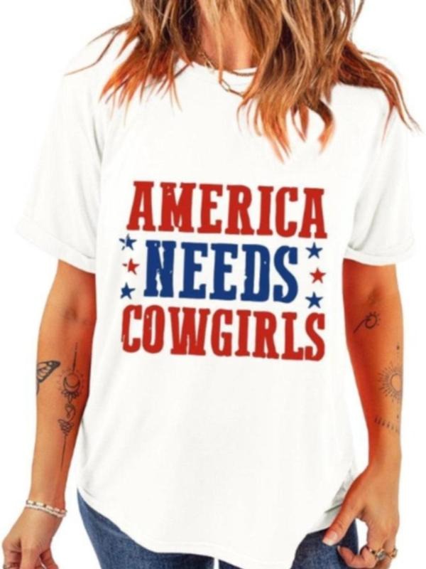 Women's America Needs Cowgirls Letter Print Round Neck Tee, Casual Crew Neck Short Sleeve T-Shirt for Daily Wear, Ladies...