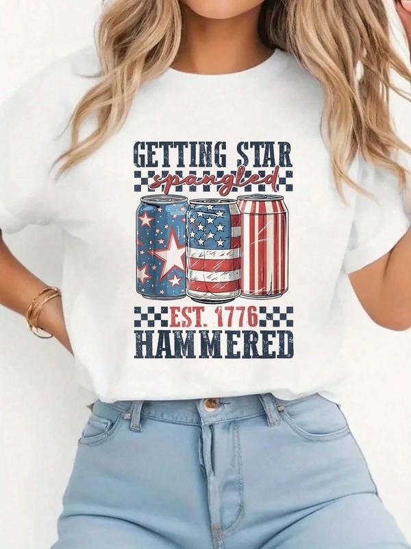 Women's American Flag & Beer Can Print Round Neck Tee, Casual Star & Striped Print Short Sleeve T-Shirt for Independence...