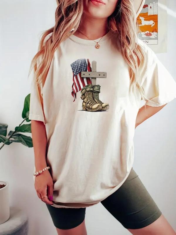 Women's American Flag & Boots Print Round Neck Tee, Trendy Casual Letter Graphic Short Sleeve T-shirt for Daily Wear,...