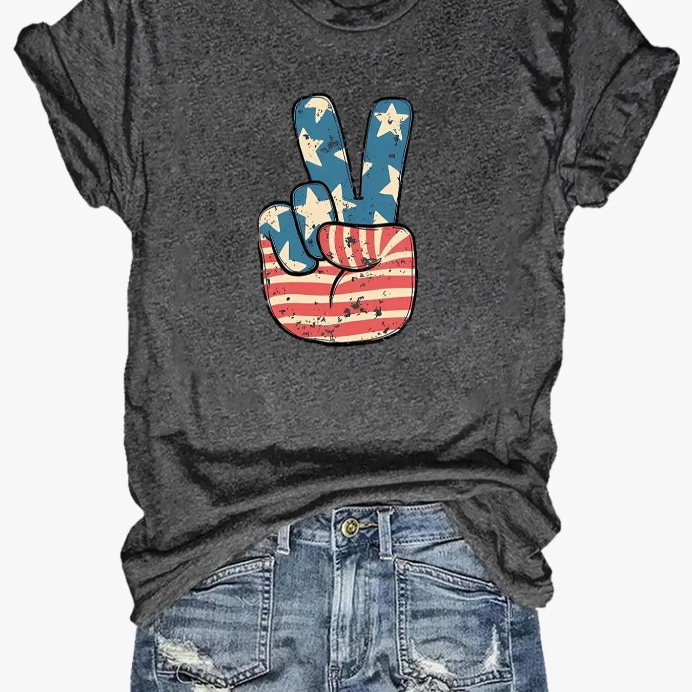 Women's American Flag & Hand Print Round Neck Tee, Vintage Trendy Casual Short Sleeve T-shirt for Daily Wear, Ladies...