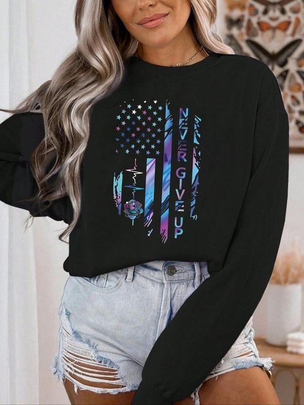 Women's American Flag & Letter Print Drop Shoulder Pullover, Casual Long Sleeve Crew Neck Sweatshirt for Fall & Winter,...